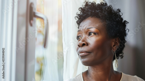 A woman with curly hair looks pensively out the window, lost in her thoughts as sheer curtains filter the soft light. photo