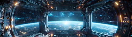 Wallpaper Mural High-tech spaceship interior bright lighting dark space view through window banner with copy space Torontodigital.ca