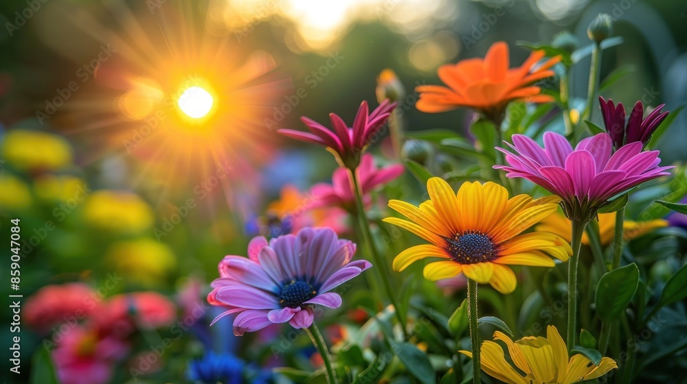 Vibrant Flowers in a Garden Setting at Sunset Vibrant Flowers in a Garden Setting at Sunset
