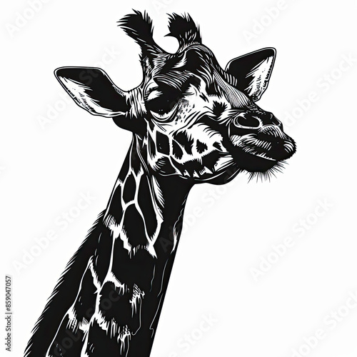 A black and white drawing of a giraffe 's head and neck photo