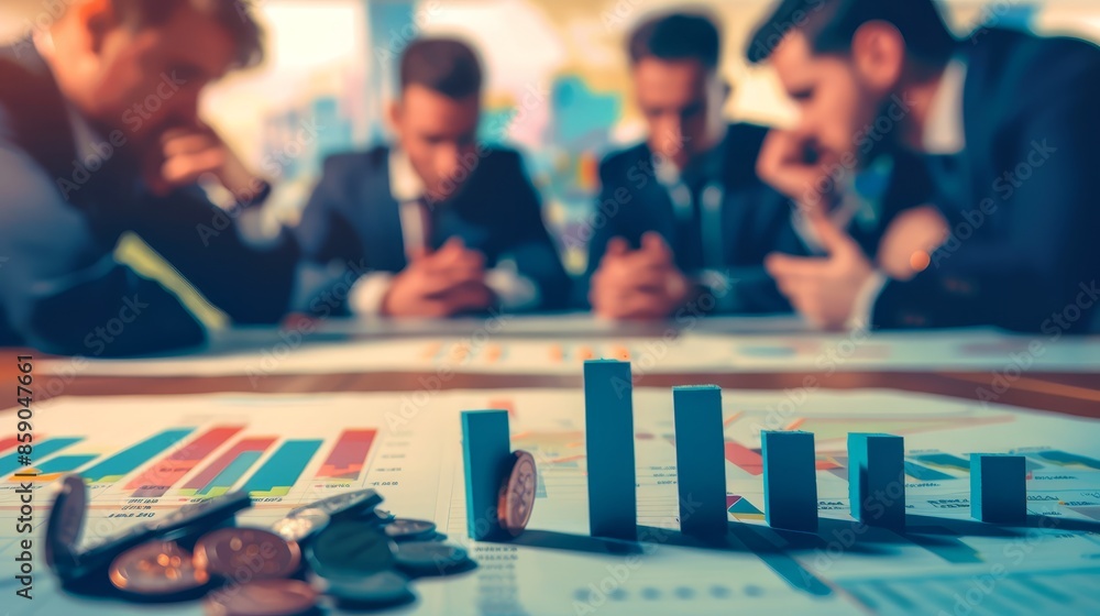 Businessmen's Meeting and Financial Growth - A group of businessmen are gathered around a table, discussing business matters, with a bar chart and coins in the foreground, symbolizing financial growth Businessmen's Meeting and Financial Growth - A group of businessmen are gathered around a table, discussing business matters, with a bar chart and coins in the foreground, symbolizing financial growth