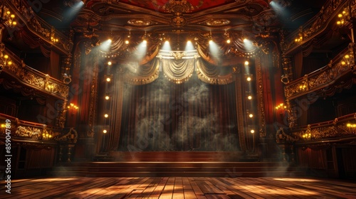 The theatre stage is equipped with spotlights, wooden floors and gold decorat...