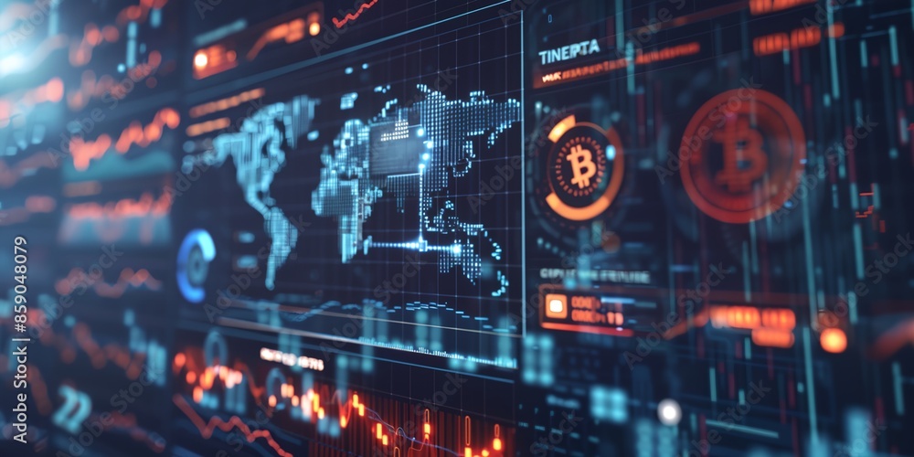 A computer screen shows a map of the world with a red and orange Bitcoin symbol in the middle A computer screen shows a map of the world with a red and orange Bitcoin symbol in the middle
