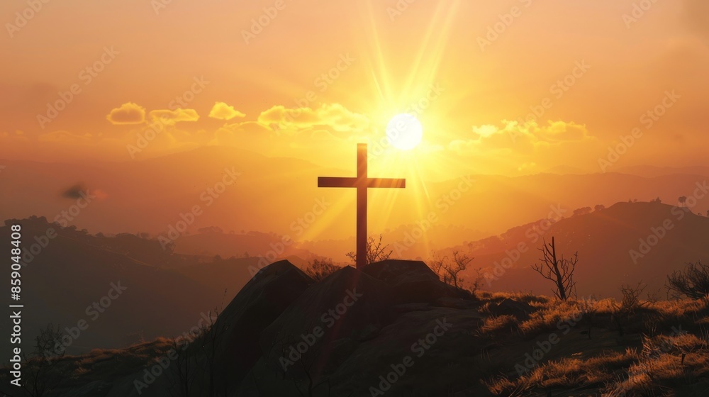 Sunrise over mountains with a cross in the foreground Sunrise over mountains with a cross in the foreground