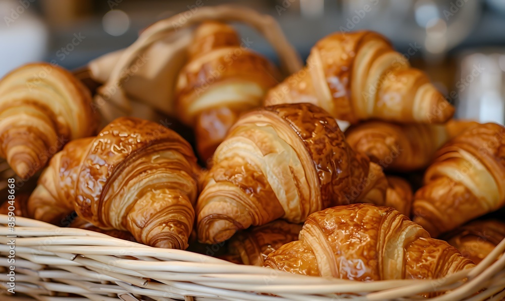 closeup of croissants in a basket, Generative AI closeup of croissants in a basket, Generative AI