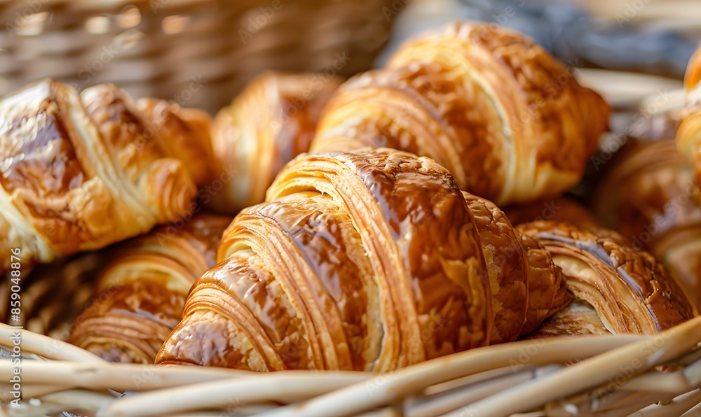 closeup of croissants in a basket, Generative AI closeup of croissants in a basket, Generative AI