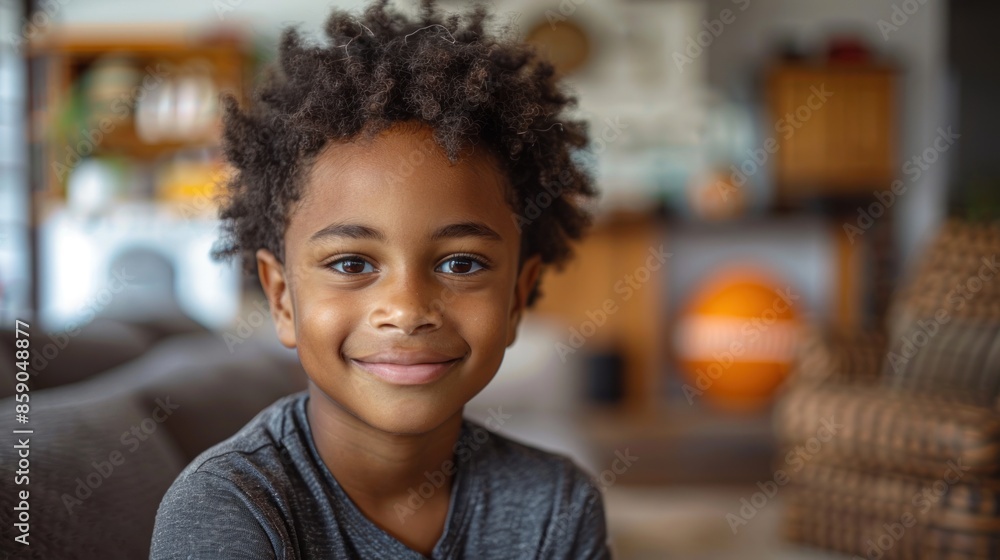 A young boy smiles brightly in a comfortable home setting A young boy smiles brightly in a comfortable home setting