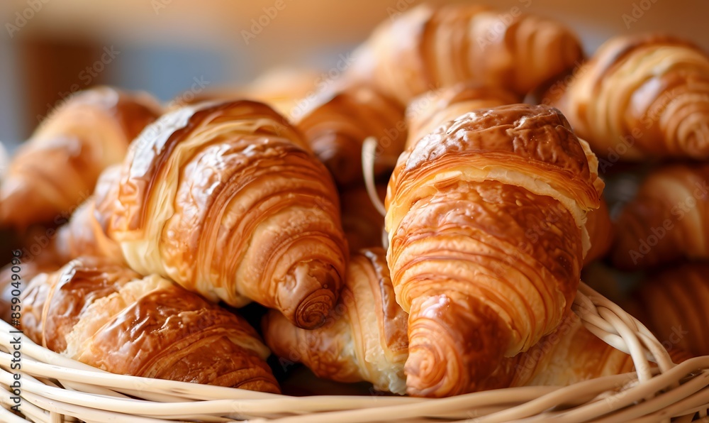 closeup of croissants in a basket, Generative AI closeup of croissants in a basket, Generative AI