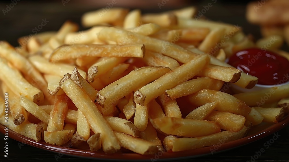 Close up of a plate of golden french fries with a side of ketchup Close up of a plate of golden french fries with a side of ketchup