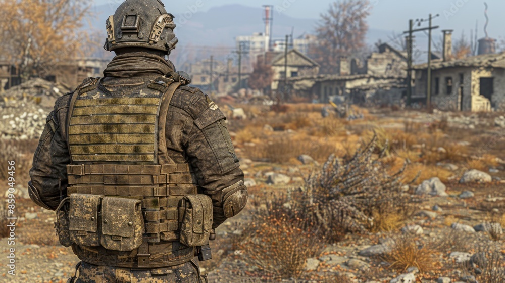 Obraz premium A lone soldier in gear stands in urban ruins, a wars aftermath