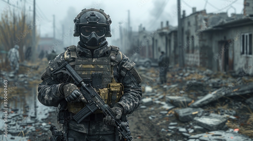A lone soldier stands guard in a desolate urban environment A lone soldier stands guard in a desolate urban environment