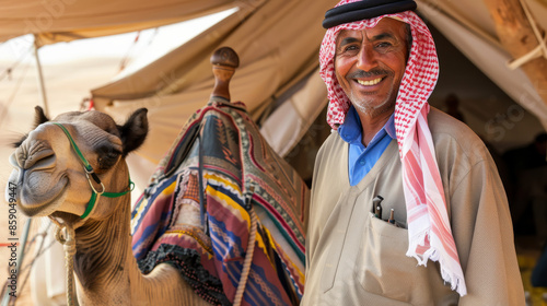 A smiling man in traditional attire stands beside his camel, with colorful decorations on its back, outside a pitched tent. © VK Studio