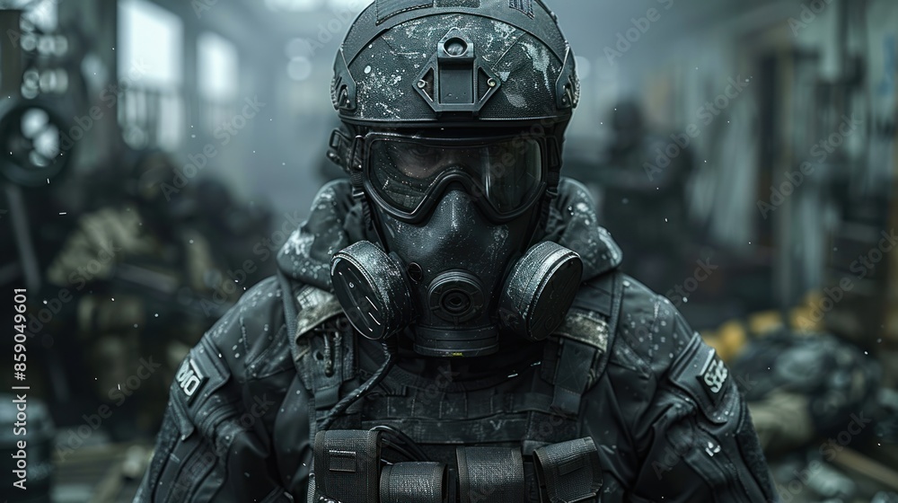 A soldier, clad in tactical gear and a gas mask, stands in a war-torn cityscape A soldier, clad in tactical gear and a gas mask, stands in a war-torn cityscape