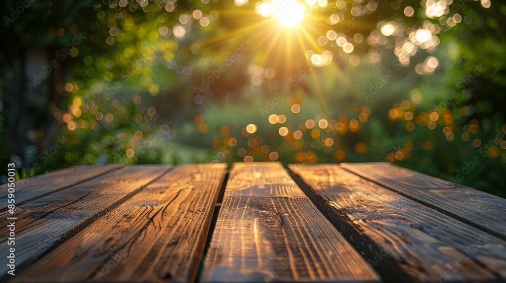 Photo of a wooden table with a blurred background in the garden at sunset, space with product display and bokeh effect, summer concept Photo of a wooden table with a blurred background in the garden at sunset, space with product display and bokeh effect, summer concept