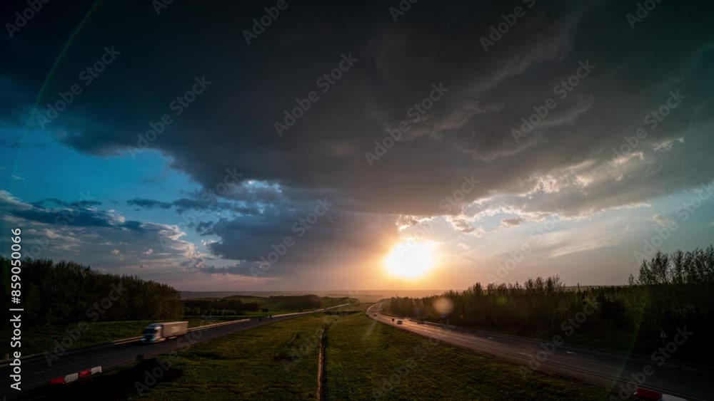 Time lapse over a major highway with an epic beautiful time lapse of clouds over that road from a bird's eye view, video loop Time lapse over a major highway with an epic beautiful time lapse of clouds over that road from a bird's eye view, video loop