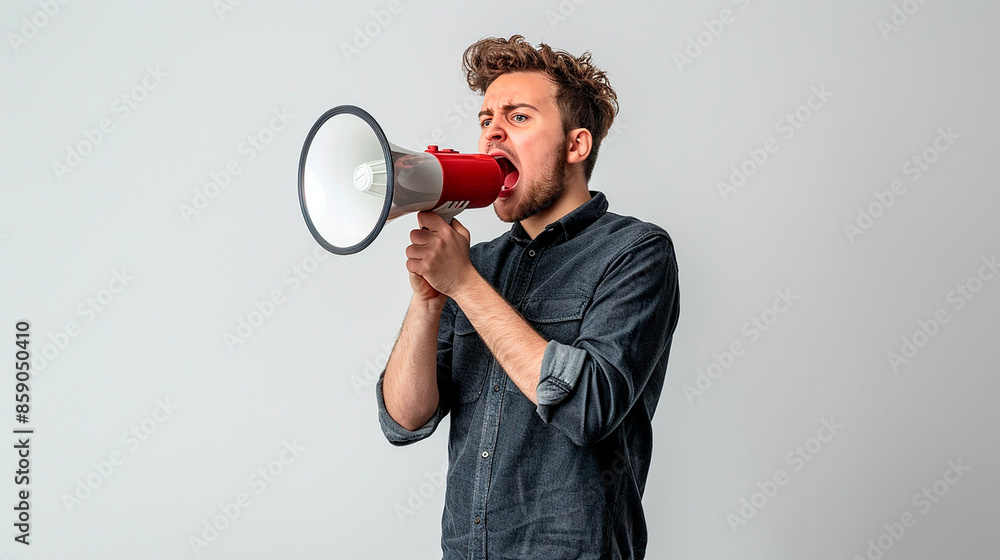 A man with a megaphone shouting, conveying a strong message or announcement, set against a plain background. A man with a megaphone shouting, conveying a strong message or announcement, set against a plain background.