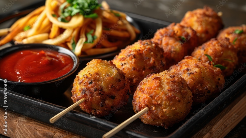 Close-up of cheesy fried balls on skewers served with French fries and ketchup Close-up of cheesy fried balls on skewers served with French fries and ketchup