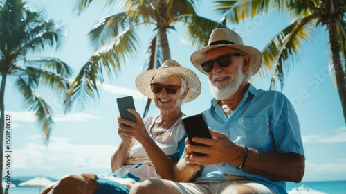 Fototapeta Naklejka Na Ścianę i Meble -  smiling couple of caucasian pensioners lie on the beach on the seashore near the palm tree and use phones, pensioners on vacation with smartphones on the beach