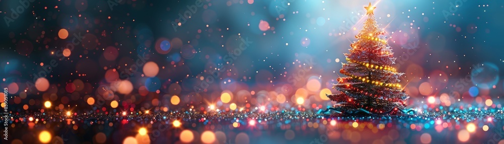 Festive abstract Christmas tree with sparkling lights colorful and whimsical design banner with copy space Festive abstract Christmas tree with sparkling lights colorful and whimsical design banner with copy space