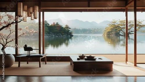 Japanese style living room with lake background. smooth looping 4K videos