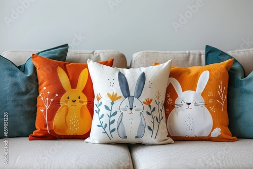 Rabbit cartoon drawing animal characters print pattern on plushie pillow or kids bedroom cushion decoration photo