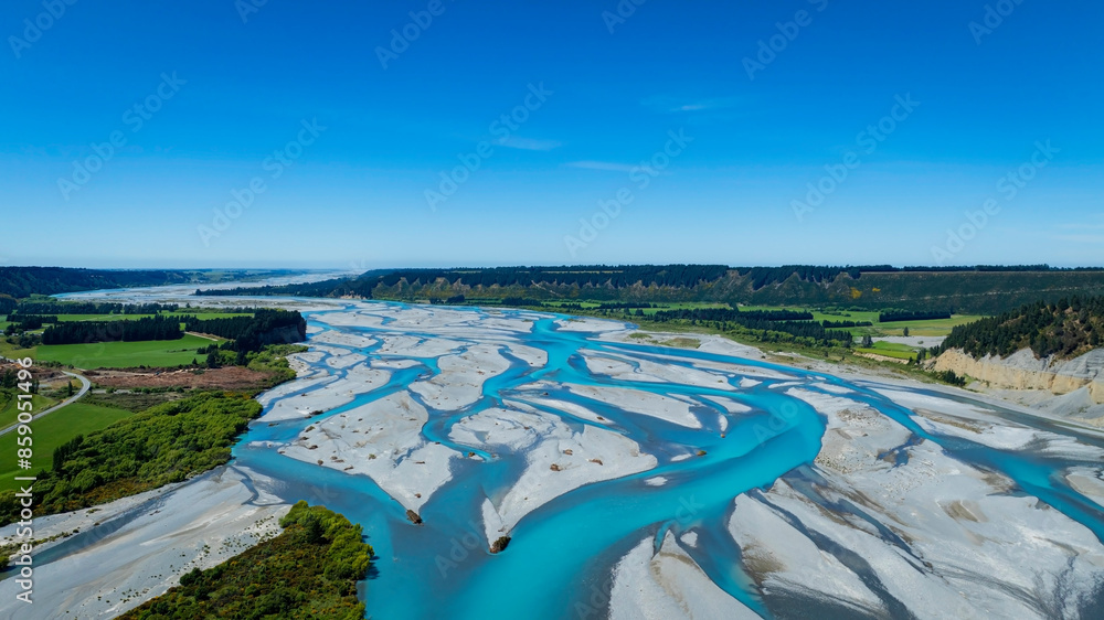 Fototapeta premium The aerial view with a ecosystem of the River lagoon Valley and blue water river