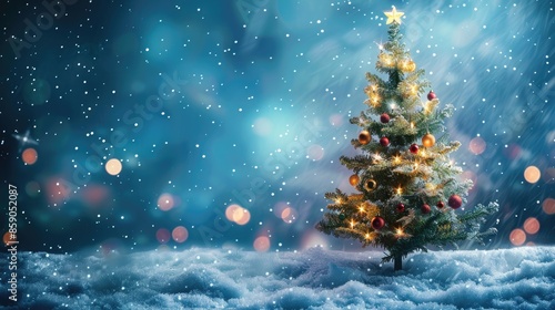 Wallpaper Mural Decorated Christmas tree and falling star in tranquil winter scene at night blue holiday background with lights space on snow covered ground Torontodigital.ca