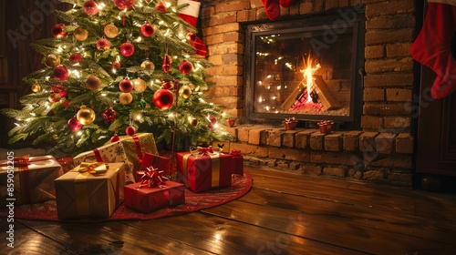 Cozy Christmas living room with tree and lit fireplace. Presents neatly arranged. Warm Christmas scene ideal for holiday cards and festive promotions. © Irina Ukrainets