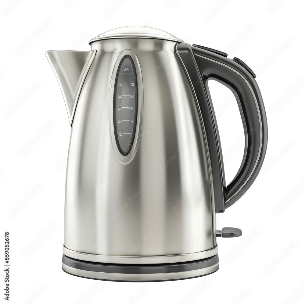 Stainless steel electric kettle with black handle and water level indicator, modern kitchen appliance for quick boiling, isolated on white background. Stainless steel electric kettle with black handle and water level indicator, modern kitchen appliance for quick boiling, isolated on white background.
