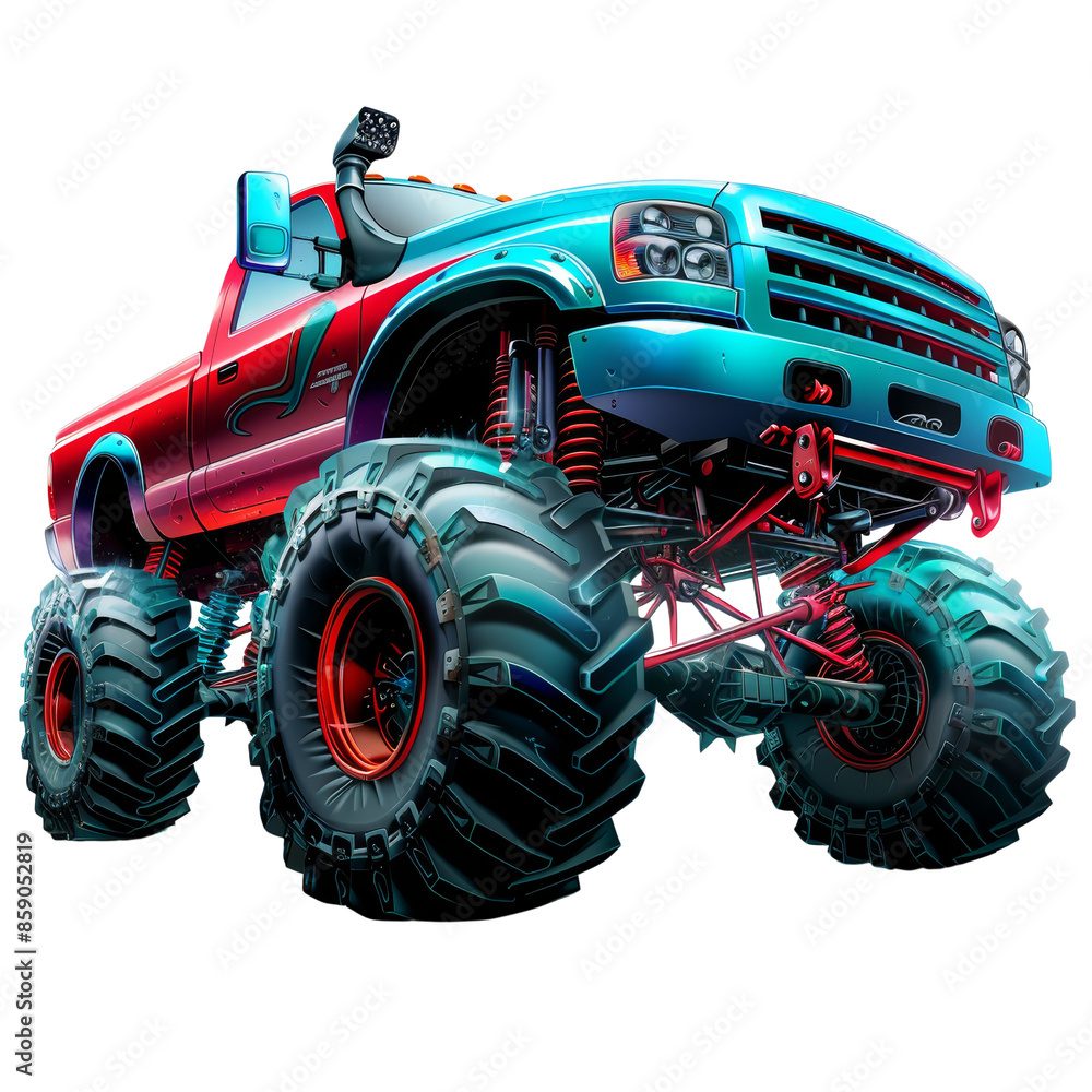 Vibrant digital illustration of a monster truck with oversized tires and bold colors, showcasing automotive power and adventure. Vibrant digital illustration of a monster truck with oversized tires and bold colors, showcasing automotive power and adventure.