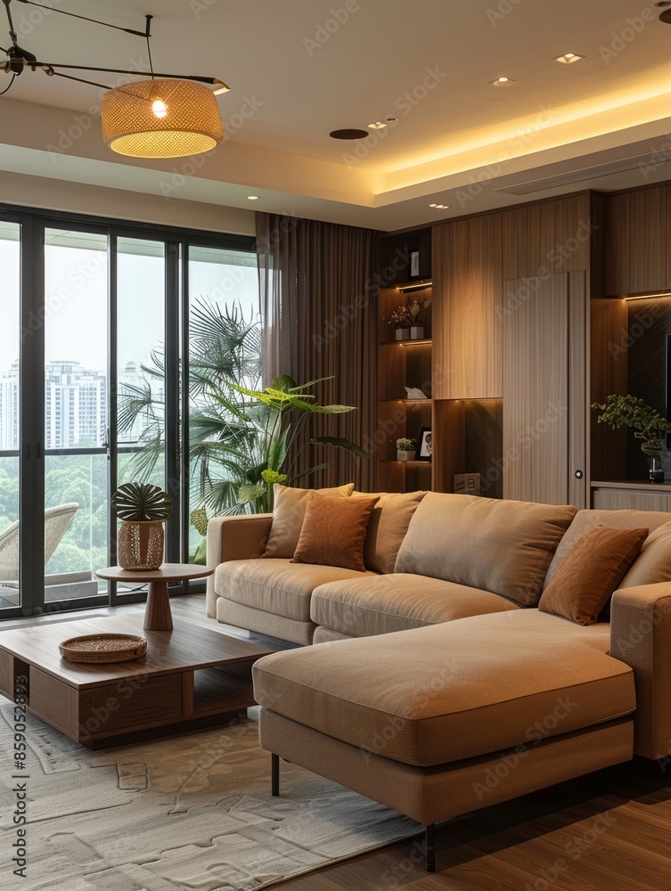 There is a large sofa, a lamp, a small table and a wooden cabinet in the living room of the villa. In the background is a large window with a view of the city outside There is a large sofa, a lamp, a small table and a wooden cabinet in the living room of the villa. In the background is a large window with a view of the city outside
