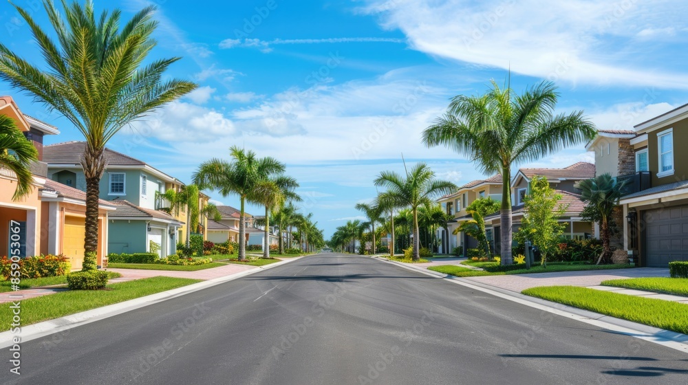 House With Palm Tree. Gated Community Houses with Palms, Garage, and Asphalt Road in South Florida House With Palm Tree. Gated Community Houses with Palms, Garage, and Asphalt Road in South Florida