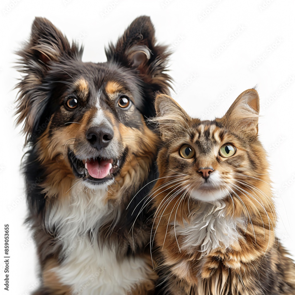 Dog and Cat Taking Photo Together Isolated on White Background Dog and Cat Taking Photo Together Isolated on White Background