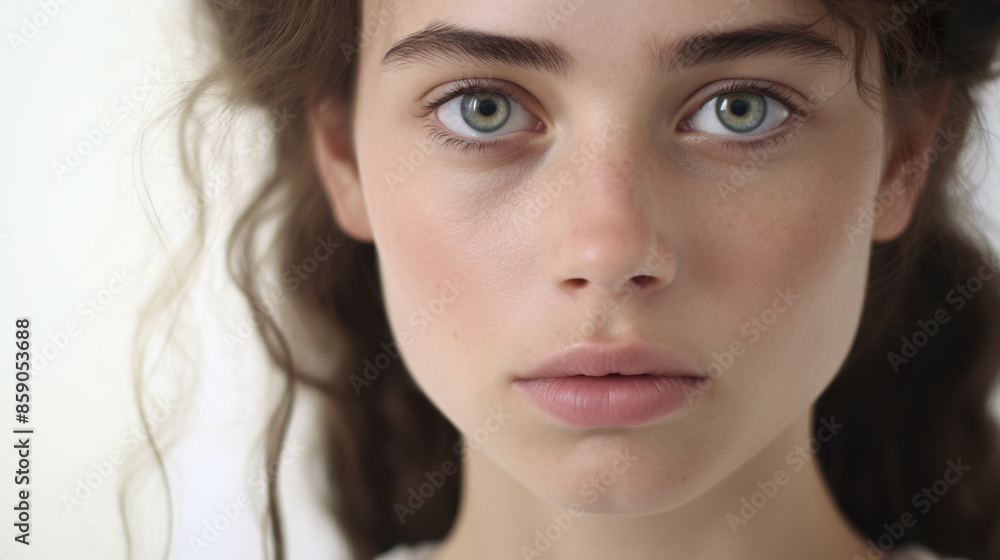 An lonely lady with brown eyes against a stark white background An lonely lady with brown eyes against a stark white background