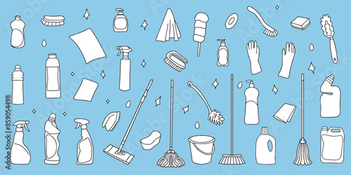 Set of cleaning equipment. Cleaning line icons. Line of hand-drawn cleaning, washing and disinfection products