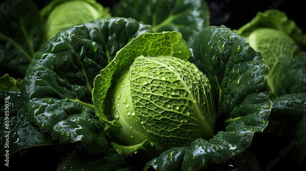 Fototapeta premium Green fresh cabbage on dark background. AI generated