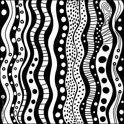 A black and white abstract pattern with lines and dots