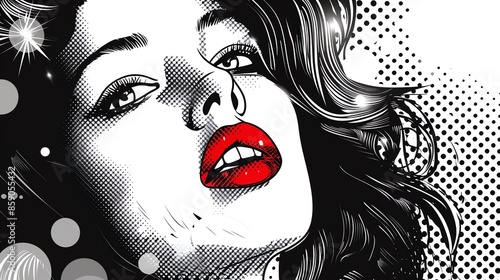 Pop art black and white illustration of a woman with red lips