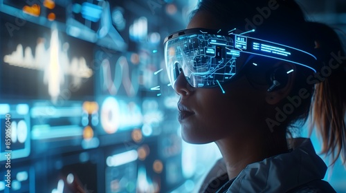 A futuristic scene of a person wearing AR glasses, interacting with floating digital screens displaying data and graphs © Катерина Спіжевска