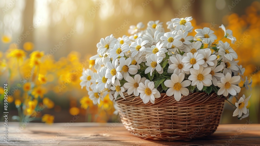 White flowers in wooden basket on yellow spring background with sunlight White flowers in wooden basket on yellow spring background with sunlight