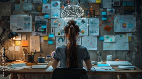 a person sitting at a desk with various sketches, diagrams, and notes spread out, a holographic brain projection above their head, representing creative thinking and idea generation