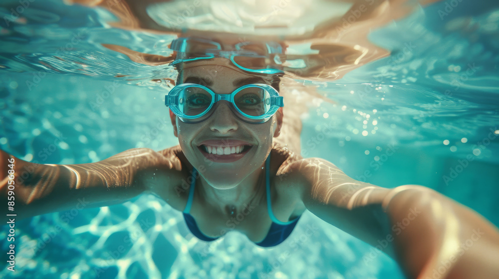 Fototapeta premium A joyful swimmer smiles underwater, wearing blue goggles, creating a fun and refreshing vibe in a crystal-clear pool.