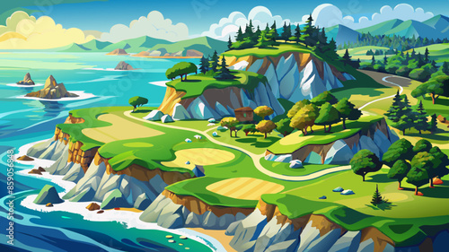A scenic aerial view of a golf course nestled along a rocky coastline with crashing waves, lush green fairways, and sand traps