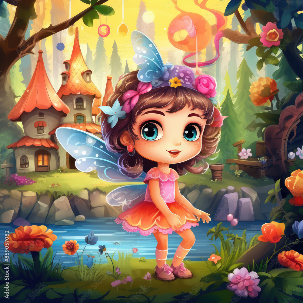 Fototapeta premium Cute Cartoon Fairy Princess in a Fairy Village, Generative AI