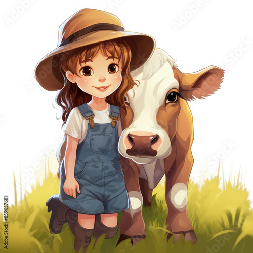 Cute Cartoon Farm Girl with Her Pet Cow, Generative AI