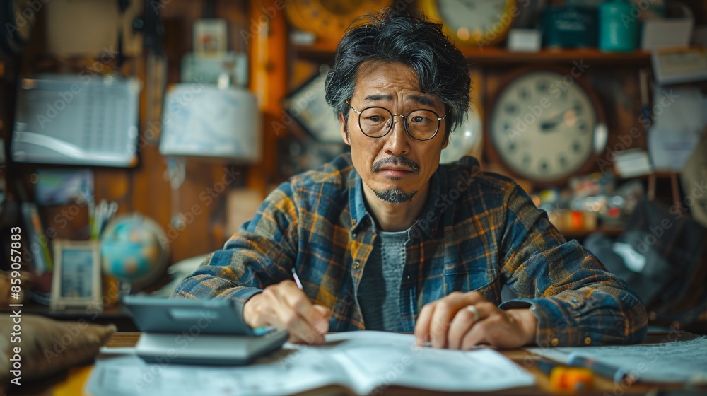 Asian man is using a calculator to calculate his family's monthly miscellaneous expenses at his home
