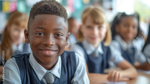 portrait of a smiling African American schoolboy 10 -12 years old sitting at a desk at school and looking at the camera