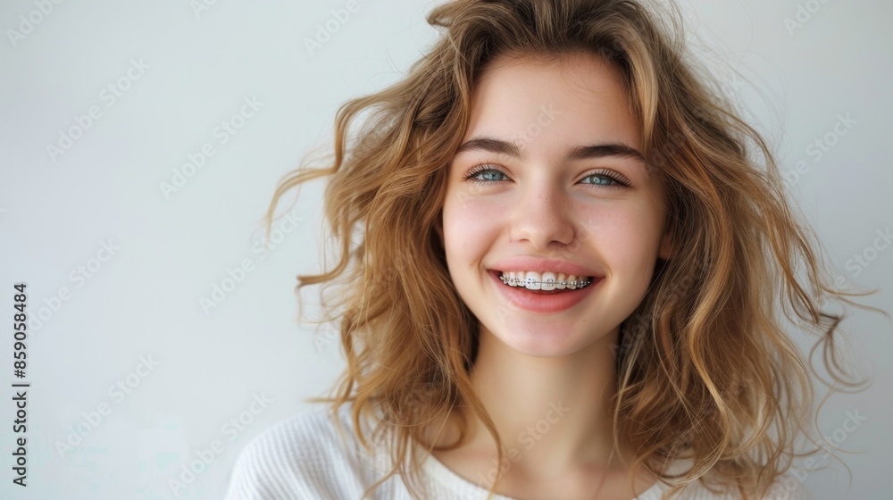 portrait of a beautiful young Caucasian woman with braces on her teeth smiling and looking at the camera, studio shot.copyspace portrait of a beautiful young Caucasian woman with braces on her teeth smiling and looking at the camera, studio shot.copyspace