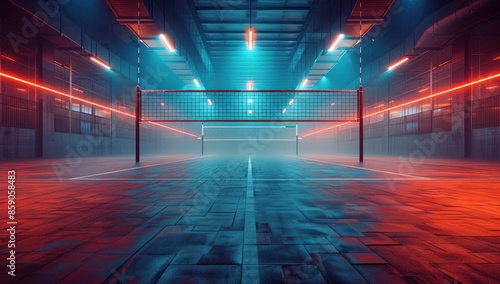 Empty professional volleyball court in lights