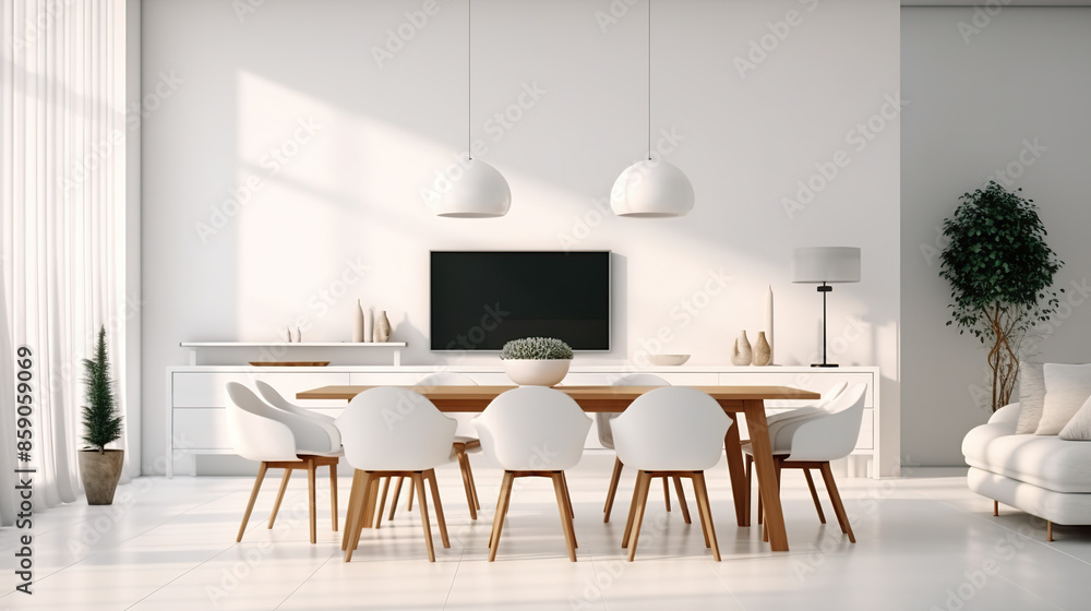 Isolated on a white background, a modern dining area and living room Isolated on a white background, a modern dining area and living room